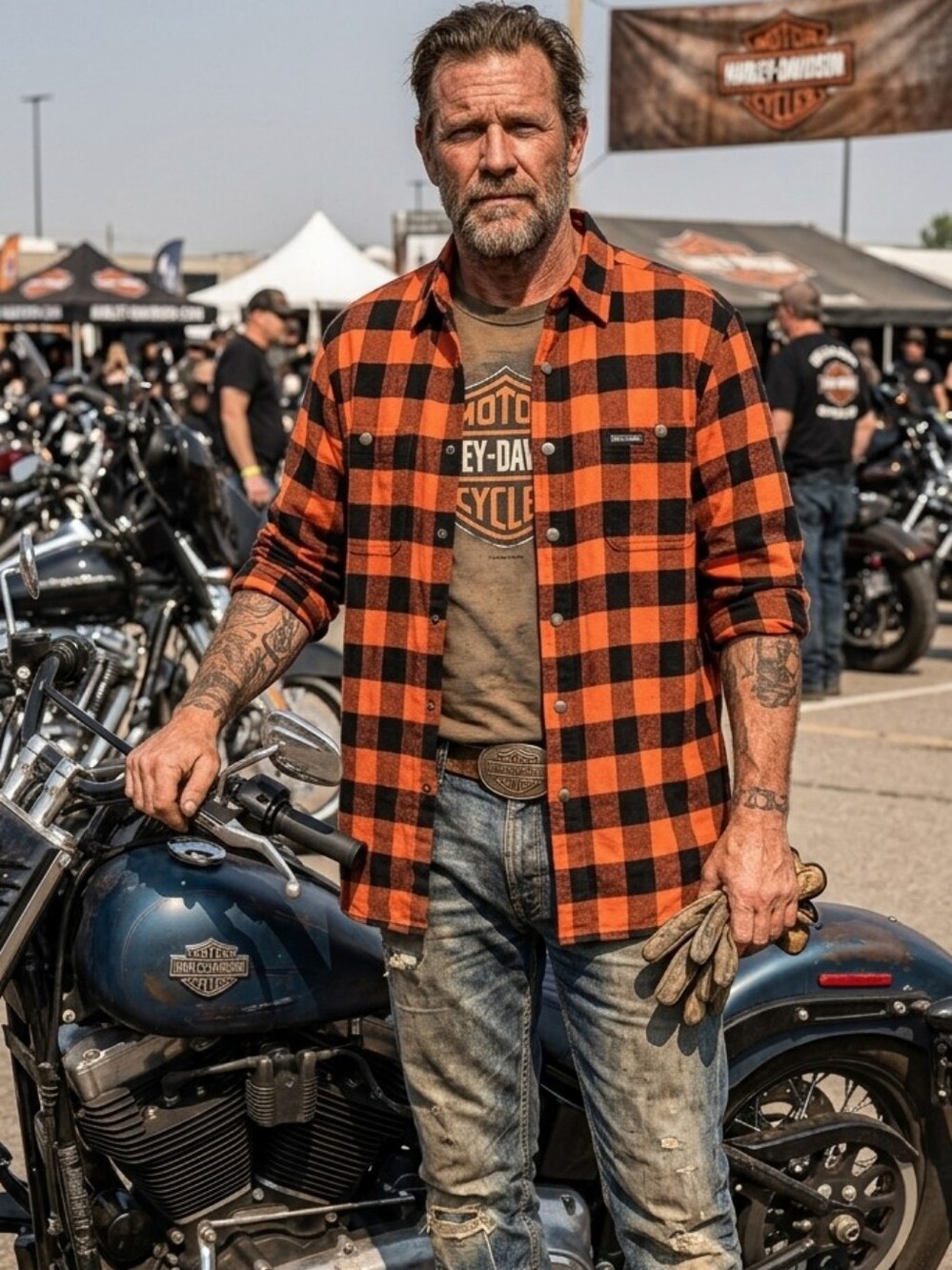 Harley Davidson Orange and Black Checkered Flannel Shirt